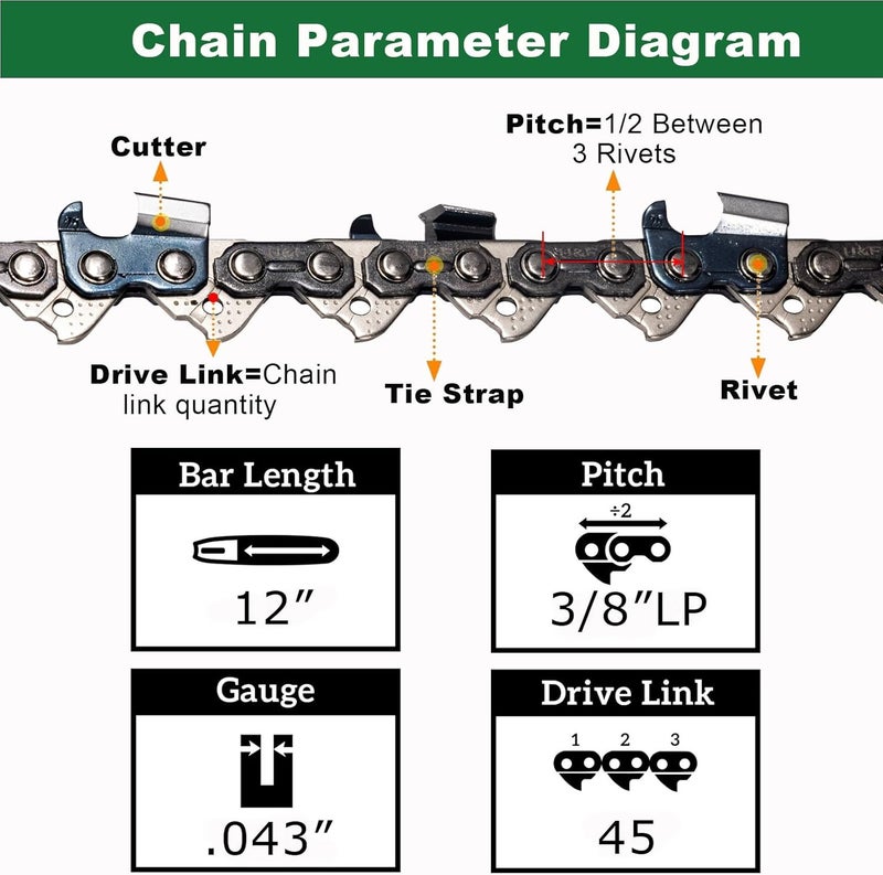 UPFOREST 3-Pack 12 Inch Chainsaw Chain R45, 3/8" LP Pitch - .043" Gauge - 45 Drive Links Low-kickback fits CRAFTSMAN CMCCS620 DeWalt DCCS620 Ryobi RY40500 Black & Decker LCS1240B Worx WG38 (90YNS45X3) - Image 2